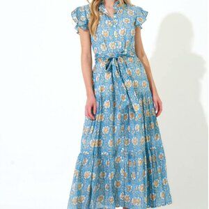 NWT $328 Oliphant Haveli Ocean Ruffle Collar Maxi Dress XXS